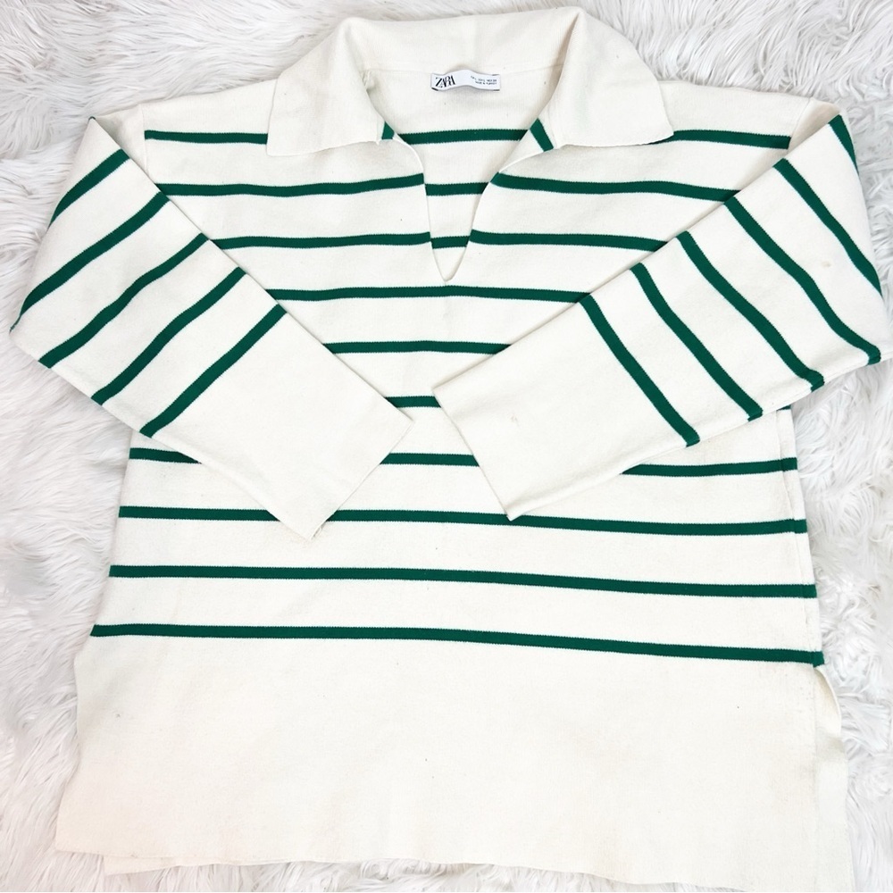 ZARA WHITE WITH GREEN STRIPE COLLARED PULLOVER BOXY SWEATER WOMENS LARGE
